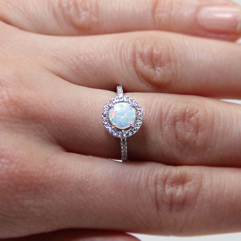 Zales Sterling Silver Opal Halo Ring White Sapphire Lab Opal Bridal - Picture 4 of 14
